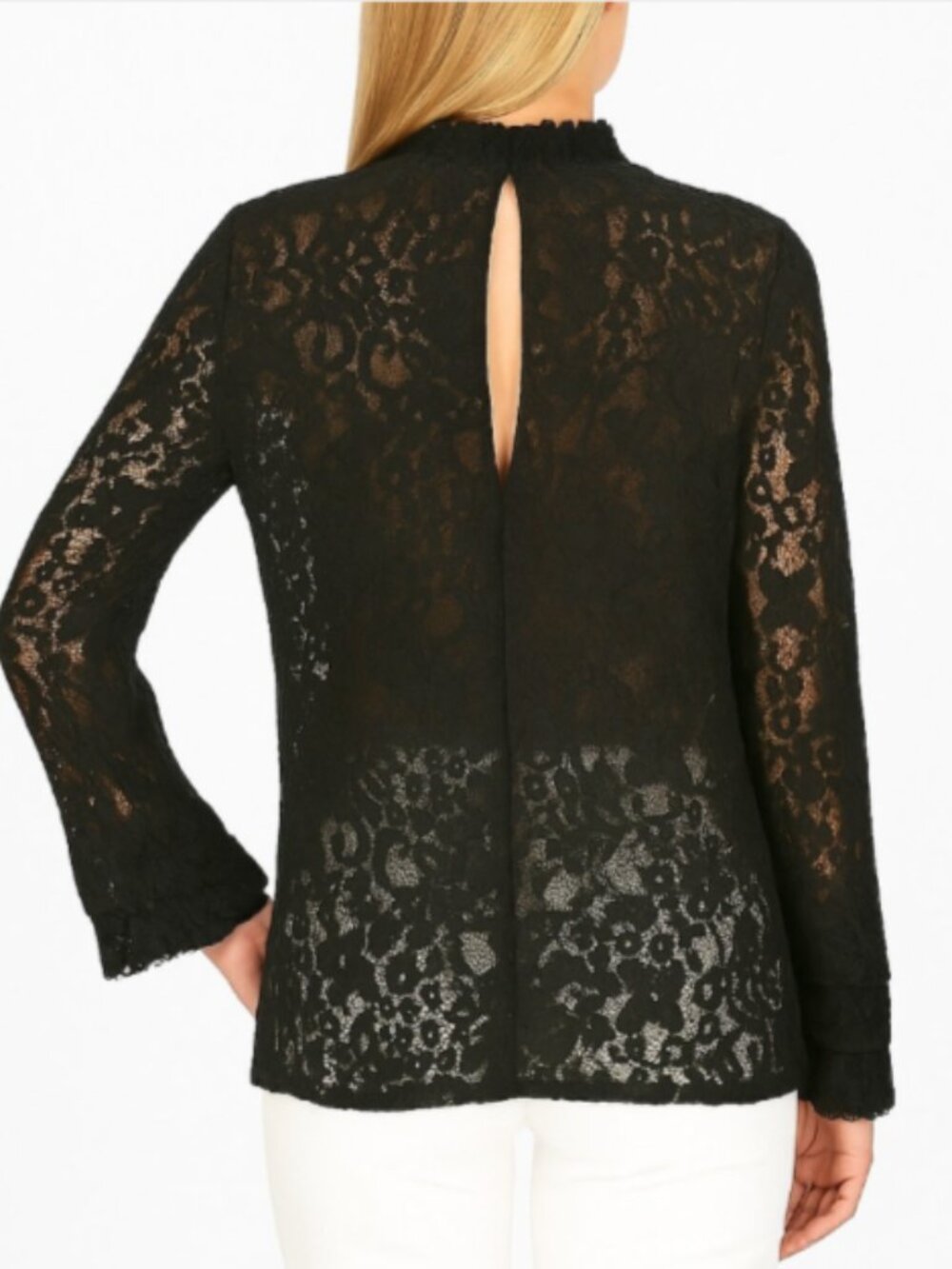 ZARA X-Small Sheer Black Lace Blouse Pullover Bell Sleeves 3 Tiered Lace Cuff - Picture 2 of 14